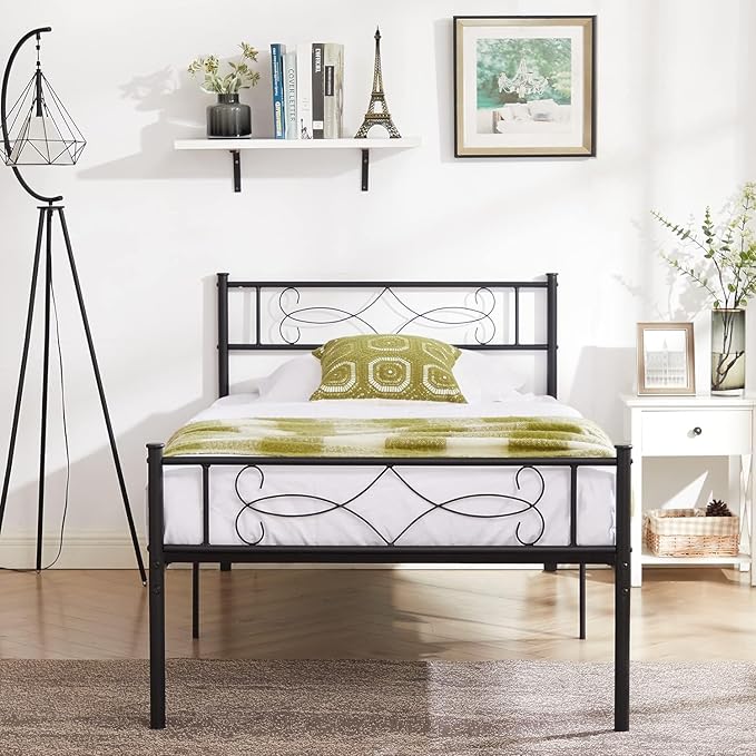 VECELO 2 Set 14" Twin Size Metal Platform Bed Frame with Headboard,Premium Steel Slat Support No Box Spring Needed,Noise-Free Anti-Slip,Easy Assembly