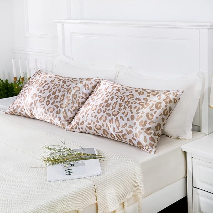 MR&HM Satin Pillowcase for Hair and Skin, Silk Satin Pillowcase 2 Pack, Standard Size Pillow Cases Set of 2, Silky Pillow Cover with Envelope Closure (20x26, Champagne Leopard)
