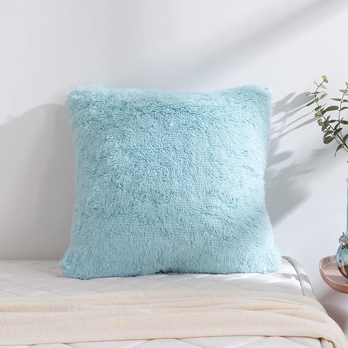 Reafort Luxury Long Hair, PV Fur, Faux Fur Euro Sham Pillow Cover/Case 26"x26" with Zipper Closure (26"x26" Euro Sham, Aqua)