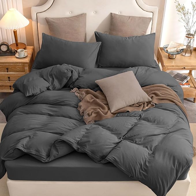 PURE ERA Jersey Knit Duvet Cover Set 100% T-Shirt Cotton Super Soft Comfy 3pc Bedding Set with Zipper Closure (Solid Deep Grey, Queen, 90"X90")
