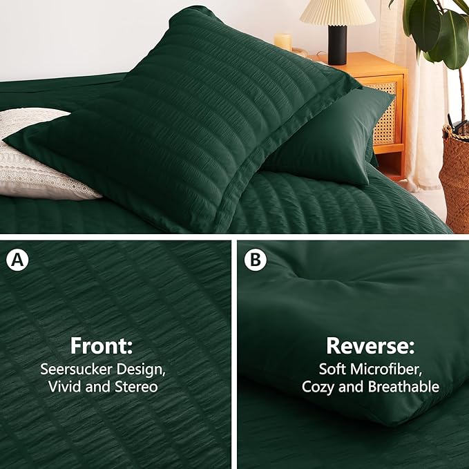 CozyLux Queen Comforter Set Emerald Green Seersucker 7 Pieces Bed in a Bag Queen Comforter Set with Sheets, Luxury Bedding Sets with Down Alternative Comforter, Sheets, Pillowcases & Shams All Seasons