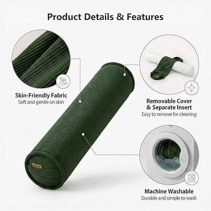 Cuddle Pillow – Corduroy Long Body Pillow for Adults, Cozy Bolster Pillow for Bed, Soft & Supportive for Relaxing Sleep,47 x 7.87 Inches,Avocado Green