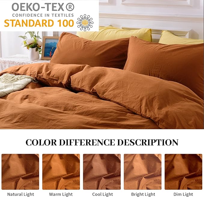 NEXHOME PRO Duvet Cover Set 100% Washed Cotton Full Size Linen Feel Textured Organic Natural 3 Pieces Bedding Set Terracotta Burnt Orange with Zipper Closure, Corner Ties Breathable (No Comforter)
