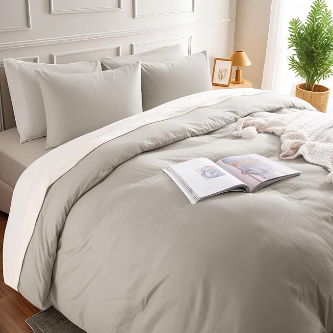 NEXHOME PRO Duvet Cover Twin Size, 100% Washed Cotton Orgnic Linen Like Textured Breathable Durable Comfy, Cream Grey