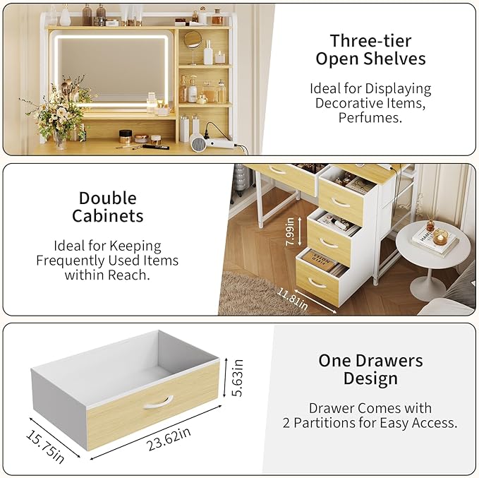 GarveeHome Vanity Desk with Mirror, 35.4” Makeup Vanity Table with Shelves, 4 Fabric Drawers Storage, Modern Dressing Table for Bedroom, Gift for Women