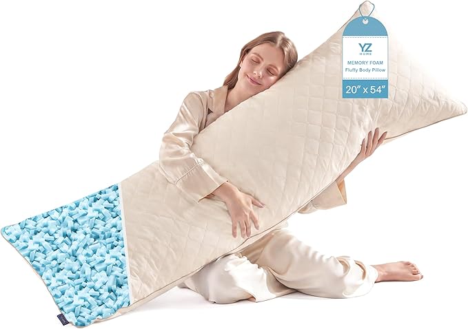 YZ HOME Long Body Pillow for Adults, Firm Body Pillow Shredded Memory Foam, Adjustable Height,Support for Side Sleeping & Pregnant Women (Beige, 20x54 Inch)