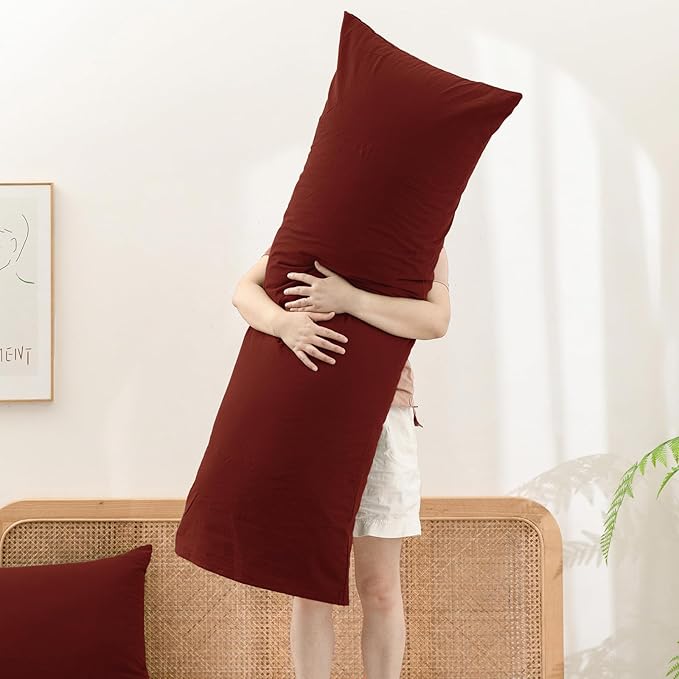 BESTOUCH 100% Washed Cotton Pillowcase for Hair and Skin Linen Feel Soft Comfortable Breathable 1 Pcs Pillow Case with Envelope Closure Solid Fired Brick Red Body 20x54 Inches