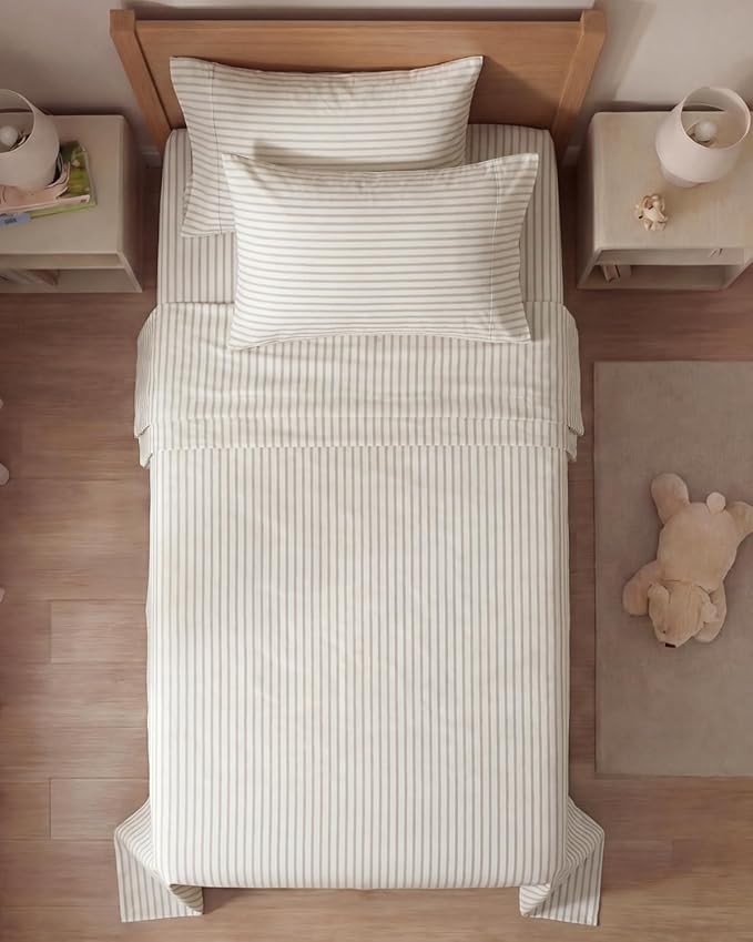 Twin 4 Piece Sheet Set - Comfy, Breathable & Cooling - Soft Hotel Luxury Bedding for Women, Men, Kids, Teens and Children - 1 Flat & 1 Fitted Sheet & 2 Pillowcases with Deep Pockets - Beige Stripes 2