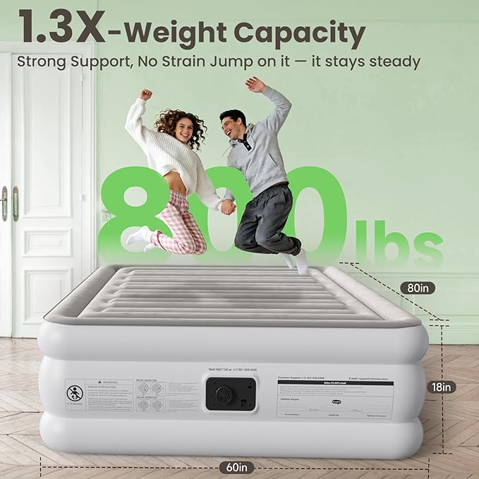 CHERIMOR Air Mattress Queen with Built in Pump, 18" Raised Comfort, Anti-Sag Horizontal Beam, 800lbs Heavy-Duty Support Blow Up Mattress, Multi-Layer Leak Proof Air Bed for Home Guests Camping