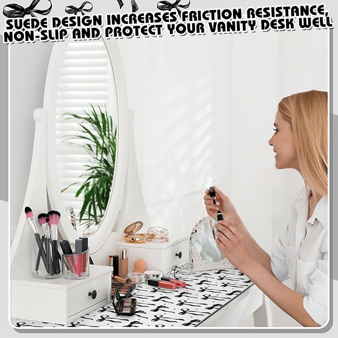 Teenyyou Coquette Bow Makeup Mat for Vanity Top Protector Graduation Gift Dual Side Leather Desk Mouse Pad Girly Waterproof Nonstick Dressing Accessories for Women Home Office(Black,15.7"x31.5")