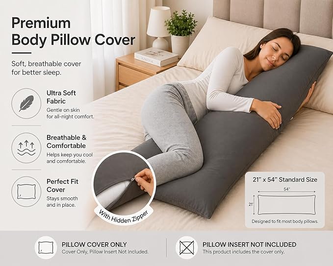 EVOLIVE Ultra Soft Microfiber Body Pillow Cover/Pillowcases 21"x54" with Hidden Zipper Closure (21"x54" Body Pillow Cover, Charcoal Grey)