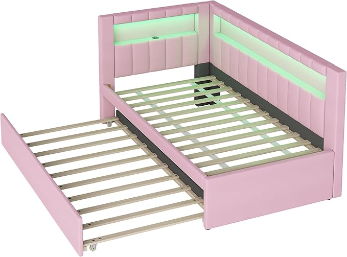 Merax Twin Size Modern Upholstered Platform Bed with USB Ports & Trundle Bed, Floor Daybed with Wood Slat Support, Storage Bed Frame with Headboard/Twin, Pink