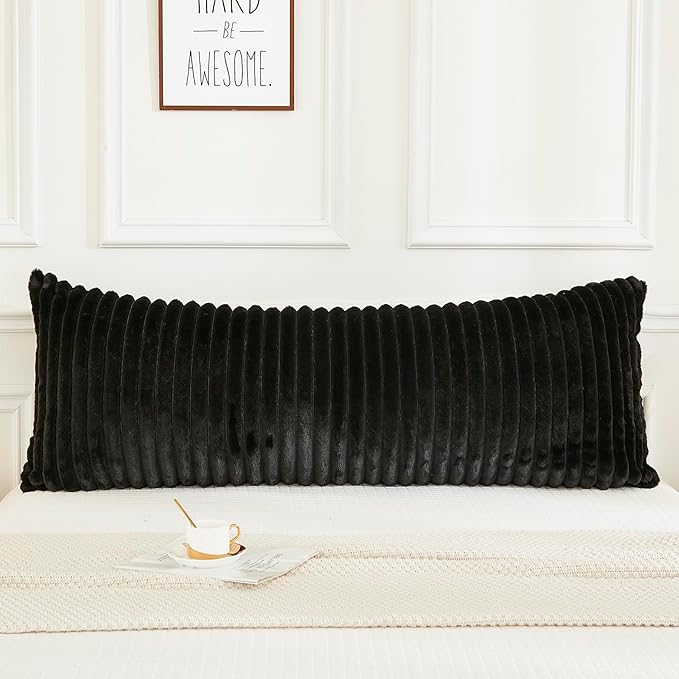 JAUXIO Faux Fur Fluffy Body Pillow Cover Luxury Textured Vertical Stripe Plush Decorative Body Pillowcase, Ultra Soft and Cozy Zipper Closure 21 x 54 Inches, Black