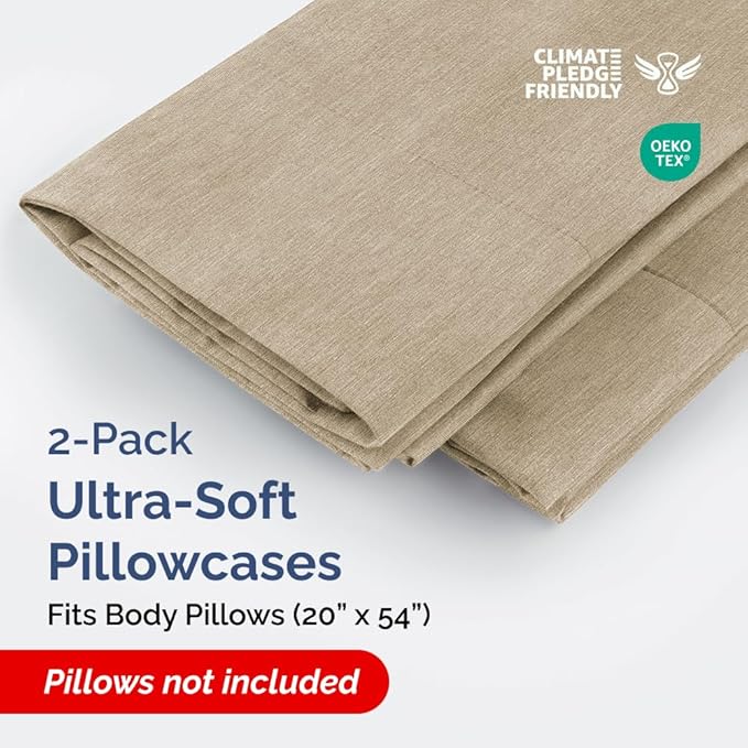 Body Pillowcases Set of 2-20x54 Long Body Pillow Case - Soft Body Pillow Cover for Sleeping & Side Sleepers - Comfy, Wrinkle & Fade Free - Machine Washable w/Envelope Enclosure Heathered Beige