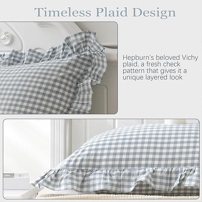 Blue White Plaid Ruffled Body Pillow Sham Washed Cotton Shabby Checkered Gingham Pillow Cover 20"x54"
