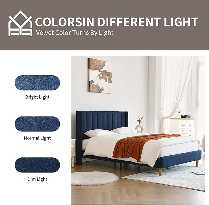 YUHUASHI upholstered Platform Bed Frame/Queen Bed Frame/Modern Geometric Double-Wing Design headboard/Linen Fabric/Easy to Assemble no Noise (Navy Blue, Queen (U.S. Standard))