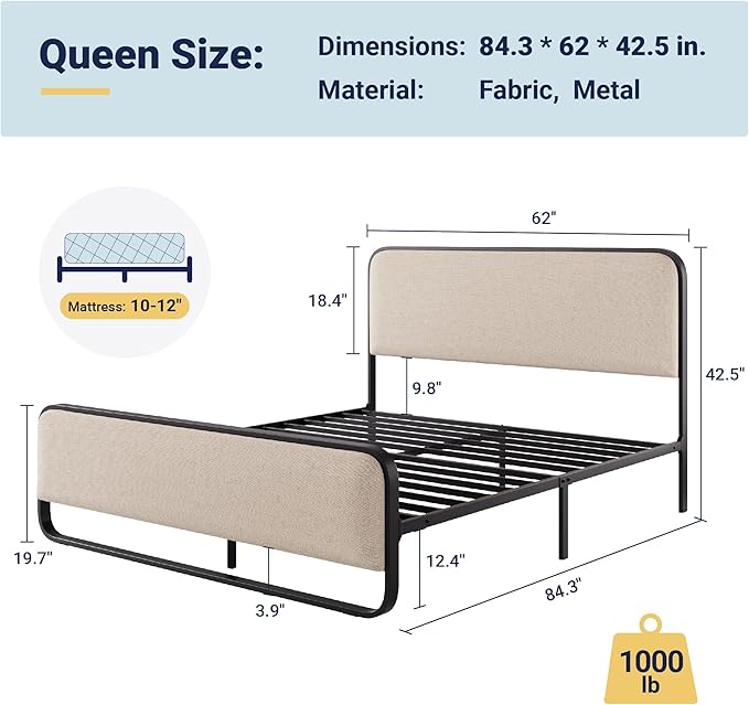 Allewie Queen Size Metal Bed Frame with Curved Upholstered Headboard and Footboard, Platform Bed Frame with 12.4'' Under Bed Storage, No Box Spring Needed, Vintage, Beige