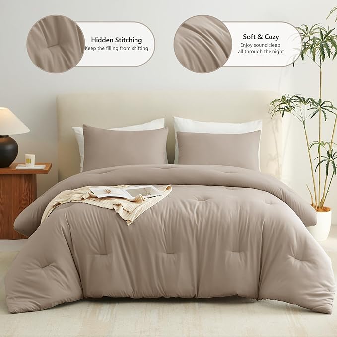 CozyLux King Size Comforter Set Khaki, 3 Pieces Solid Comforters King Size Breathable Quilted Bedding Sets, Luxury Soft Lightweight Bed Set with Down Alternative Comforter and 2 Pillowcases All Season