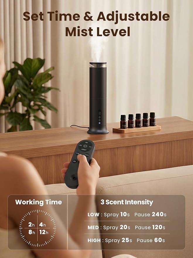 XEITIN Waterless Diffuser with 5 Hotel-inspried Scent Oil - Cold Air Diffuser Up to 2000 Sq.ft for Large Home Office Hotel and Spa, Remote & Panel Control, 4 Timer 3 Scent Intensity Models, 3.4 fl oz