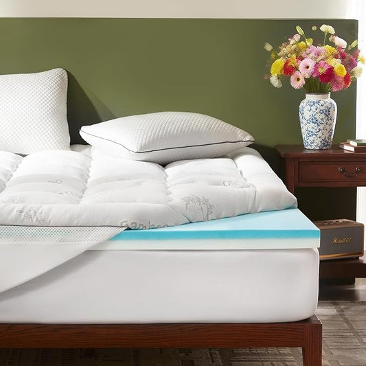 BEDLORE California King Memory Foam Mattress Topper 4 Inch,2-in-1 Dual Layer Design (2"Gel Memory Foam + 2"Plush Pillow Top Cover) Mattress Topper Medium-Firm,Pressure Relief &Back Pain Support(White)