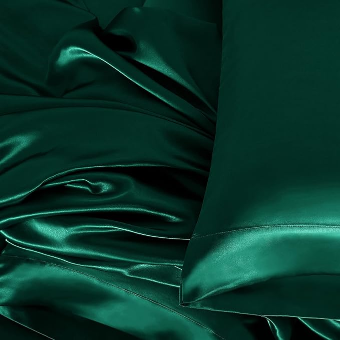 Homiest 4pcs Satin Sheets Set Luxury Silky Satin Bedding Set with Deep Pocket, 1 Fitted Sheet + 1 Flat Sheet + 2 Pillowcases (Cal King Size, Blackish Green)