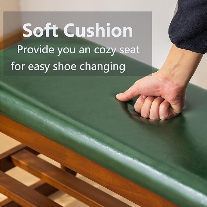 SOBIBO Shoe Bench with Storage - 2-Tier Entryway Bench, Solid Wood Shoe Rack with Cushion & Flip-Open Box, Mid-Century Modern for Hallway, Mudroom, Bedroom (Green, 31.5'')