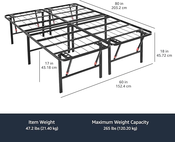 Amazon Basics Foldable Metal Platform Bed Frame with Storage, Sturdy Steel, No Box Spring Needed, 18 Inches High, Tool-Free Easy Assembly, Noise-Free, Queen Size, Black
