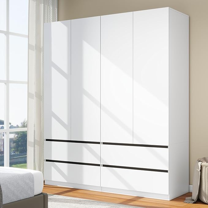 White Wardrobe Closet with Doors: 75" Large Capacity Bedroom Armoire, Wooden Cabinet with 4 Drawers, Hanging Storage Shelves with Hanging Rod (Contemporary, 2)
