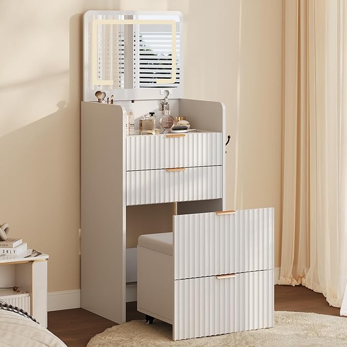Garvee 3 in 1 Vanity Desk with 3 Drawers and Rolling Stool, Compact Vanity with Flip Top Mirror and Lights, Modern Small Makeup Vanity Table with Charging