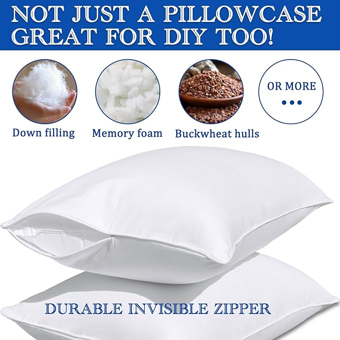 Precoco Pillow Cases Queen Size-100% Cotton Pillowcase Covers with Zipper Hidden, Breathable & Ultra Soft/Pillow Covers for Easy Care, 2 Pack/White