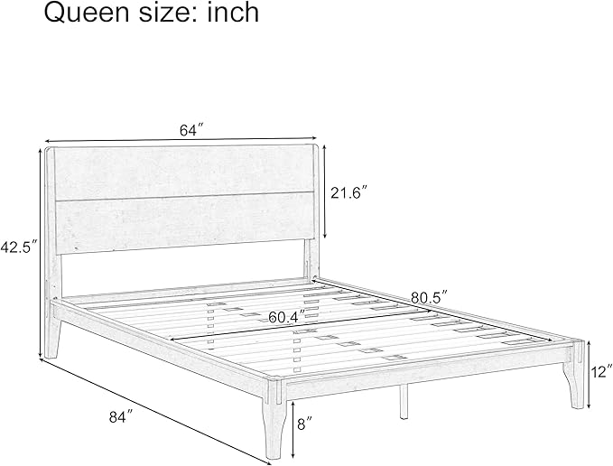 12 Inch Bamboo Queen Bed Frame, Platform Bed Frame with Headboard, Mid-Century Modern Bed Frames Wood Foundation Beds with Slats Metal Support, No Box Spring Needed, Easy Assembly, Natural