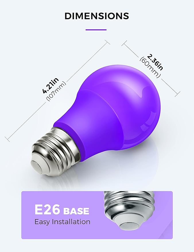 L LOHAS LED Halloween Purple LED Light Bulbs Outdoor, A19 9W(60W Equivalent) Purple Colored Light Bulb, E26 Base, Non-Dim, 4-Pack