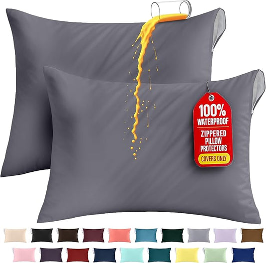 Utopia Bedding Premium 100% Waterproof Pillow Protectors with Zipper King Size (Set of 2), Bed Bug and Dust Mite Proof Zippered Pillow Covers, Pillow Encasement Cases, Gray