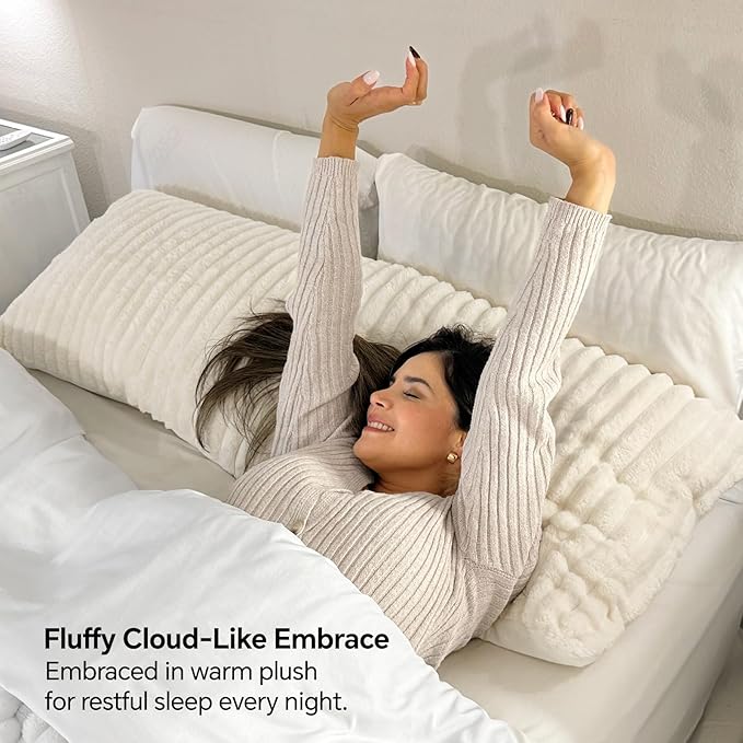 BEDELITE Fluffy Faux Fur Body Pillow Cover with Zipper, Luxury Plush 3D Striped Pillow Cover 20x54 Inches, Super Soft and Cozy Long Body Pillow Pillowcase for Bed Sofa Couch Room Decor(Cream White)