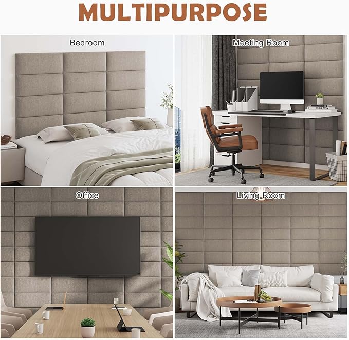 IFNOW Upholstered Wall Mounted Headboard, 3D Soundproof Wall Panels Peel and Stick for King Size, Reusable and Removable Tufted Bed Headboard in Linen (12 Panels, 10" x 24")