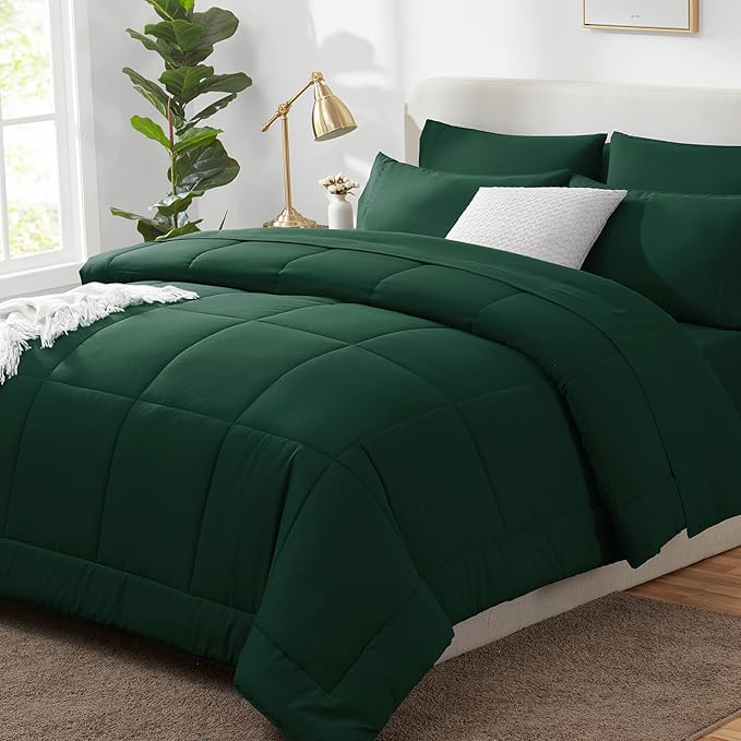 CozyLux California King Comforter Sets Emerald Green, 7 Pieces Cal King Bed in a Bag, All Season Bedding Sets with Stitch Quilted Comforter, Flat Sheet, Fitted Sheet, Pillowcases