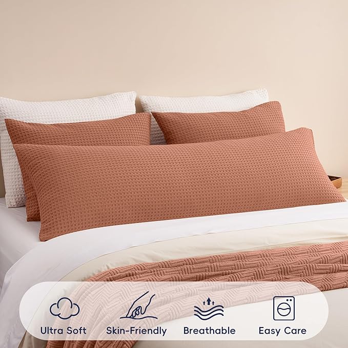 PHF Ultra Soft Waffle Weave Body Pillowcase with Zipper, No Insert, 1Pack 20" x 54" Pillow Sham, Breathable & Skin-Friendly Body Pillow case, Stylish Decorative Bed Pillow Cover, Burnt Umber