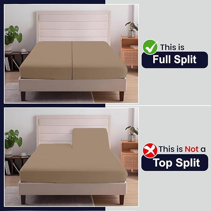 SGI Split King Sheet Set for Adjustable Bed Egyptian Premium Cotton 600 Thread Count Sheets for Sleep Number Bed 15" Deep Pocket 5 Pc Set with 2 Twin XL Fitted Sheets Soft Breathable -Taupe
