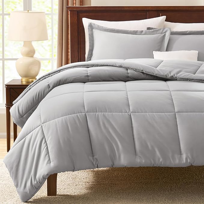 CozyLux Full Size Comforter Sets - 270GSM French Grey Bedding Sets for All Seasons, 3 Pieces Box Stitched Bed Set with 1 Down Alternative Comforter and 2 Pillow Shams, Soft, Lightweight, Breathable
