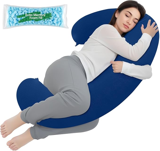 TranquilRelax C Shaped Body Pillow for Side Sleepers, Memory Foam Long Pillow for Leg, Hip & Back Support, Soft Washable Cover,Navy Blue-53"*10"