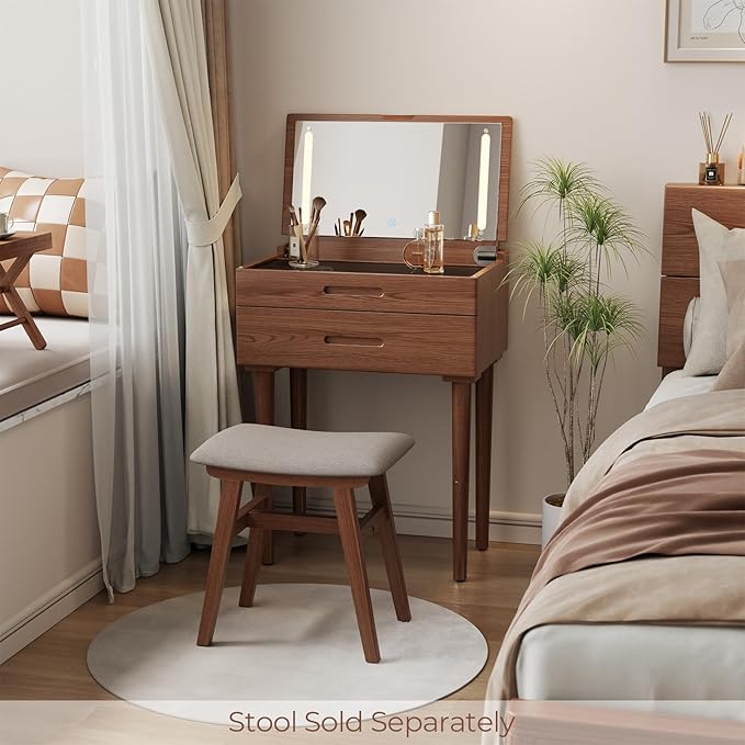 Muwuele Solid Wood Small Vanity Desk with Mirror and Lights, Narrow Makeup Vanity for Small Space, Flip Top Vanity Side Table, 3 Color Modes & Adjustable Brightness, 23.6" Slim Dressing Table, Walnut