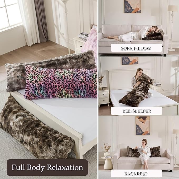 Luxury Shaggy Faux Fur Body Pillow,Fluffy Bed Pillow with Zipper Closure,Soft Decorative Plush Full Long Pillows,Fuzzy Hug Pillow for Living Room Side Sleeper & Pregnancy 20"x54" Tie-dye Coffee