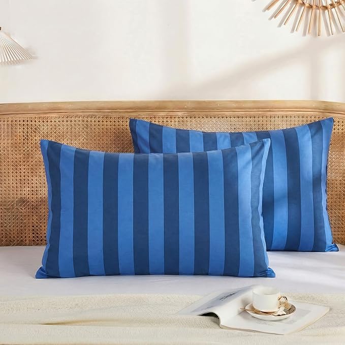 Merryword King Size Pillowcases, 100% Cotton Pillow Cases, Blue and Navy Striped Pillowcases, Soft Breathable Wide Stripes Pillow Covers, Set of 2