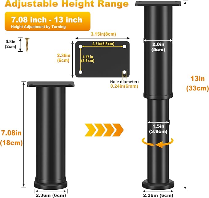 Wlrrcwdttc 4 Pcs Adjustable Bed Support Legs for Bed Frame/Bed Center Slat, Metal Adjustable Furniture Legs 7.08-13 inch for Bed/Sofa/Cabinet/Couch/Dresser/Table, Thickened Heavy Bed Replacement Legs