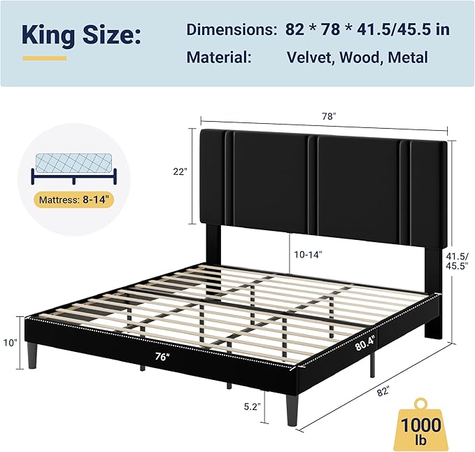 Allewie King Size Platform Bed Frame with Adjustable Headboard, Plush Velvet Upholstered, Vertical Channel Tufted, Sturdy Wooden Slats, No Box Spring Needed, Easy Assembly, Black