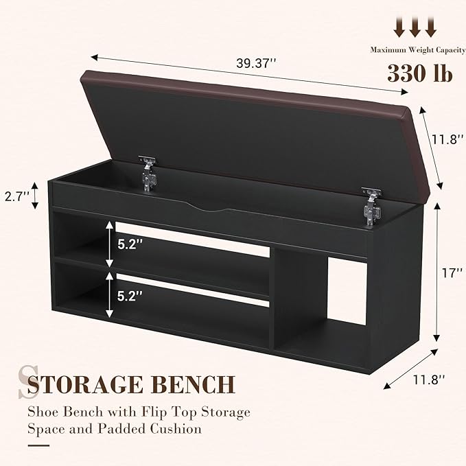 Apicizon 39 Inches Storage Bench with Padded Cushion, Shoe Bench with Storage Space, Upholstered Entryway Bench for Living Room, 2-Tier Shoe Rack Organizer, Black