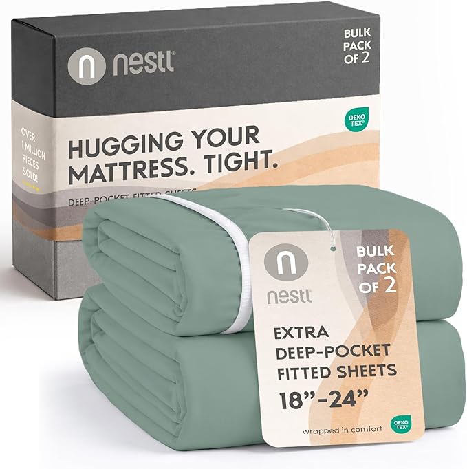 Nestl 2 Pack Sage Green Fitted Sheet Extra Deep Pocket, Hotel Luxury Cal King Fitted Sheet Only Easily Fits 18 to 24 Inch Mattress, Super Soft, Wrinkle-Free and Breathable with Corner Straps