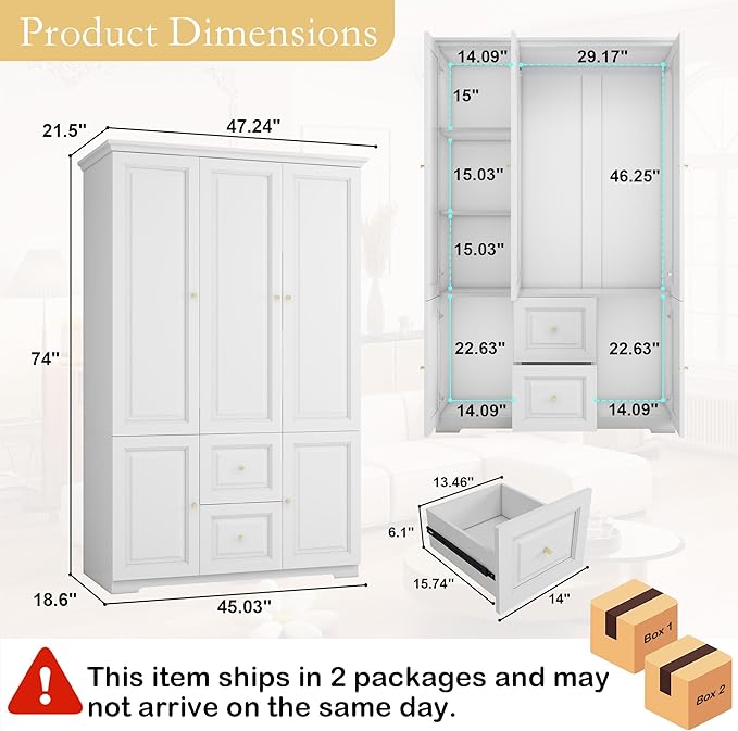 White Wardrobe with 2 Drawers: 74" Large Wardrobe Closet for Hanging Clothes, Tall Armoire Closet with 3 Doors, Bedroom Armoires with Hanging Rod (47")