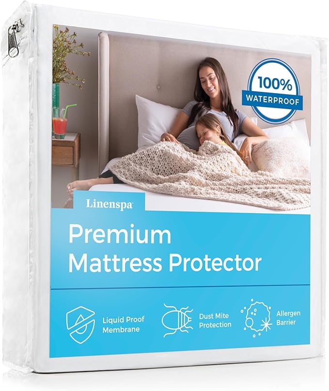 Linenspa Waterproof Mattress Protector, Full XL Size – Fitted Sheet Style, Breathable, Machine Washable & Dryer Safe, White