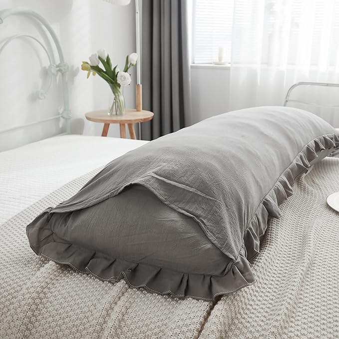 Shabby Chic 20x54in Light Grey Body Pillow Cover with Ruffled Fringe Decor